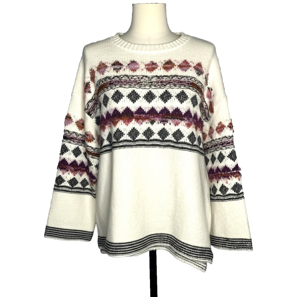 Fair Isle Cream Off White Diamond Argyle Thick Knit‎ Sweater Long Sleeve Size S